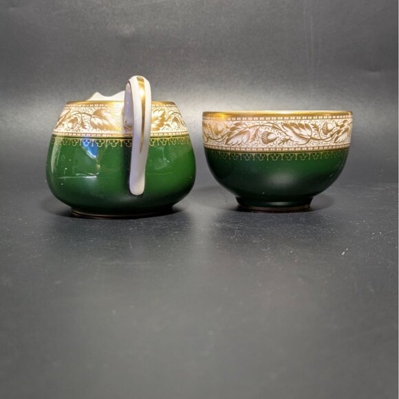 Vintage Spode Green Gold Creamer Sugar Bowl Set Fine Bone China Elegant Design - Picture 5 of 16